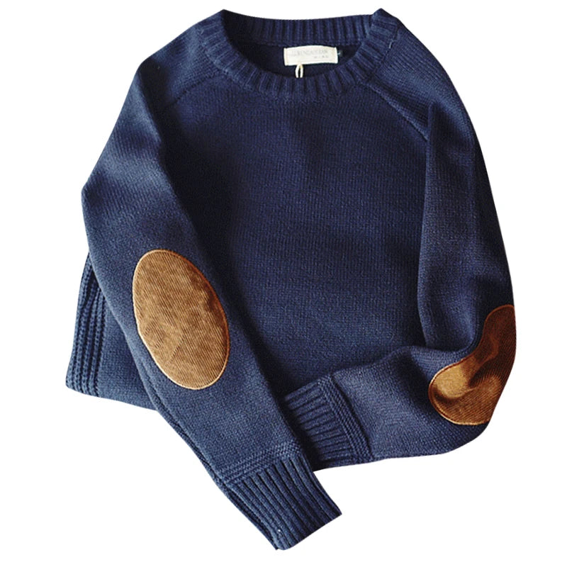 Mens Solid Knit O Neck Sweater with Elbow Patch - The GoatFind Navy blue / M - Chest 37.79 inches, Navy blue / L - Chest 39.3 inches, Navy blue / L - Chest 40.9 inches, Navy blue / XL - Chest 42.5 inches, Navy blue / XL - Chest 44 inches, Navy blue / XXL - Chest 45.6 inches, Navy blue / XXL - Chest 47.2 inches, Camel / M - Chest 37.79 inches, Camel / L - Chest 39.3 inches, Camel / L - Chest 40.9 inches