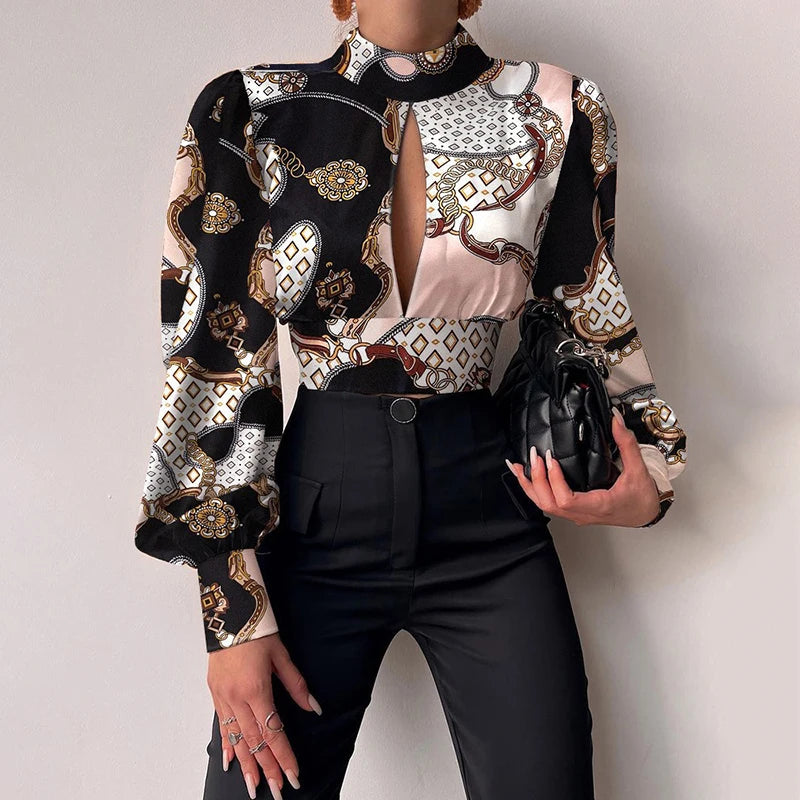 Chic Puffed Shoulder Gold Print Designer Shirts/Crop Top Long Sleeve Blouse - The GoatFind Sunset Gold & Beige / S, Sunset Gold & Beige / M, Sunset Gold & Beige / L, Sunset Gold & Beige / XL, Sunset Gold & Beige / 2XL, Abstract Black / S, Abstract Black / M, Abstract Black / L, Abstract Black / XL, Abstract Black / 2XL