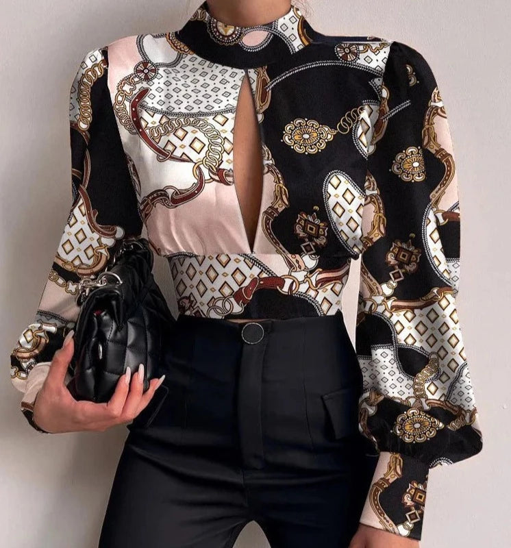 Chic Puffed Shoulder Gold Print Designer Shirts/Crop Top Long Sleeve Blouse - The GoatFind Sunset Gold & Beige / S, Sunset Gold & Beige / M, Sunset Gold & Beige / L, Sunset Gold & Beige / XL, Sunset Gold & Beige / 2XL, Abstract Black / S, Abstract Black / M, Abstract Black / L, Abstract Black / XL, Abstract Black / 2XL