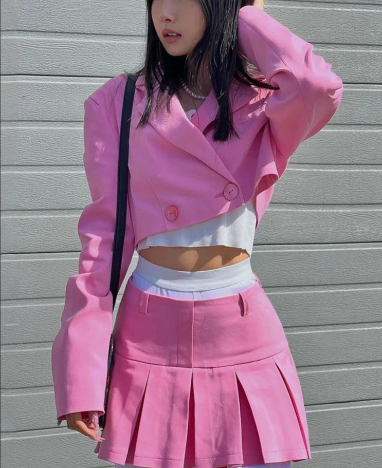 Neon Cropped Two Piece Womens Set/Black Matching Sets With Skirt & Blazer - The GoatFind