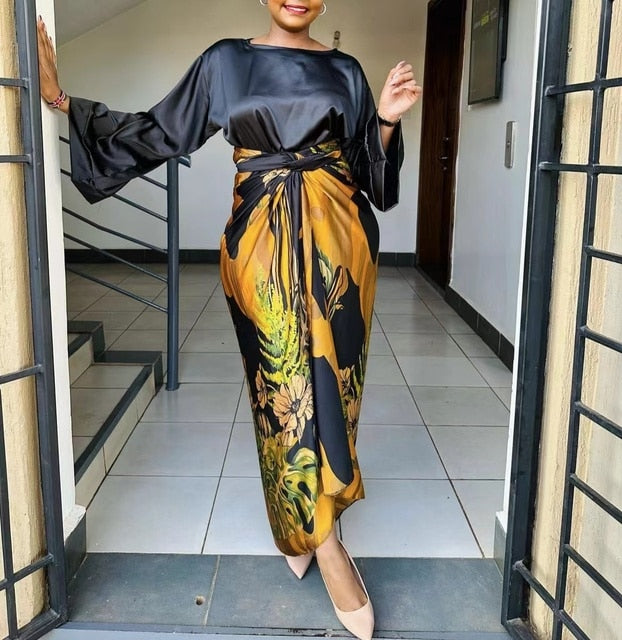 African Printed Traditional Two Piece Dress Set/Long Skirt & O-neck Loose Flare Sleeve Blouse - The GoatFind Black / S, Black / M, Black / L, Black / XL, Black / XXL, Black / XXXL, Blue / S, Blue / M, Blue / L, Blue / XL