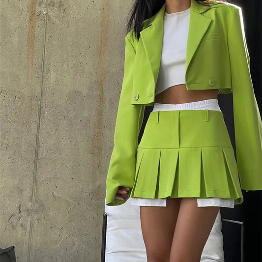 Neon Cropped Two Piece Womens Set/Black Matching Sets With Skirt & Blazer - The GoatFind Rose Red Suit / S, Rose Red Suit / M, Rose Red Suit / L, Grey Suit / S, Grey Suit / M, Grey Suit / L, Pink Suit / S, Pink Suit / M, Pink Suit / L, Green Suit / S