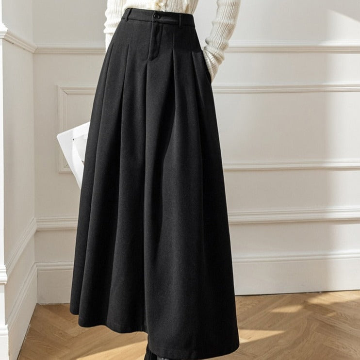 Accordian A Line High Waist Women's Long Woolen Skirt - The GoatFind Auburn/Brown / XS/2, Auburn/Brown / S/4, Auburn/Brown / M/6, Auburn/Brown / L/8, Auburn/Brown / XL/10, Black / XS/2, Black / S/4, Black / M/6, Black / L/8, Black / XL/10