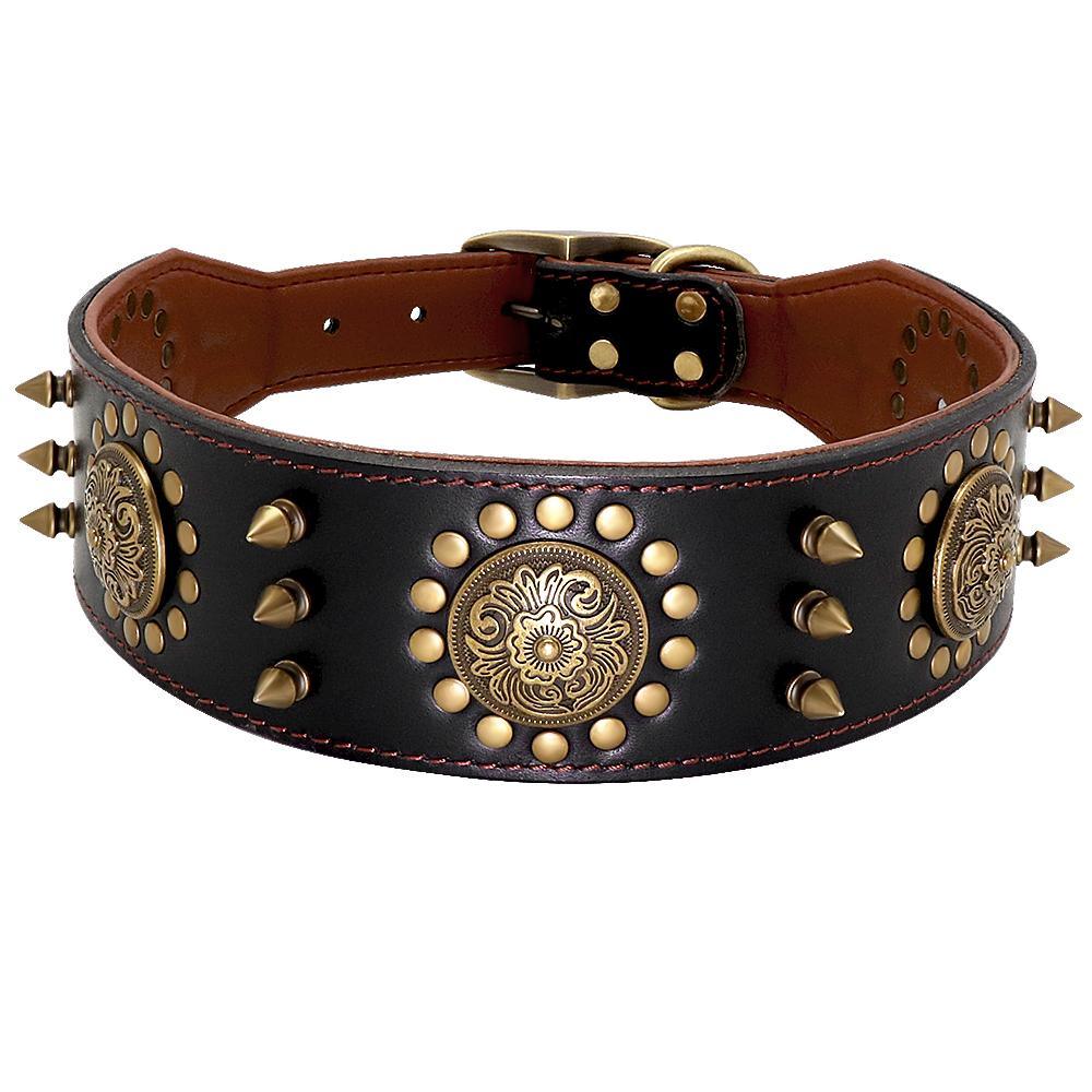 Durable 2 Inch Leather Spiked Studded Dog Collar - The GoatFind Brown / L, Brown / XL, Black / L, Black / XL