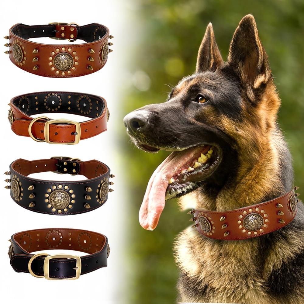 Durable 2 Inch Leather Spiked Studded Dog Collar - The GoatFind Brown / L, Brown / XL, Black / L, Black / XL