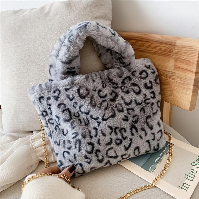 Leaopard Animal Print Plush Shoulder bag/ Soft fur handbag The GoatFind Whie Snow Leopard 