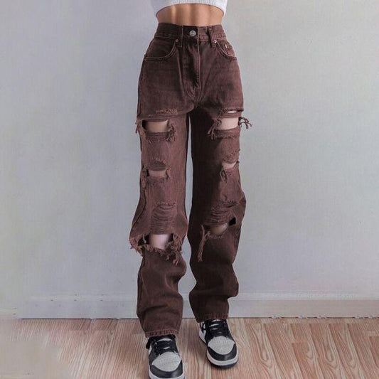 Womens Brown Ripped Distressed Jeans/High Waist Loose Jeans - The GoatFind Black / 0, Black / 2-4, Black / 6-8, Black / 10-12, Brown / 0, Brown / 2-4, Brown / 6-8, Brown / 10-12