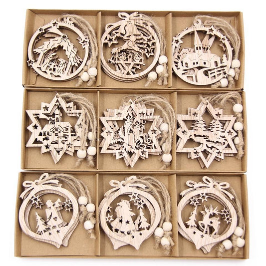 Vintage Wooden Pendants Ornaments Christmas Tree Decorations -12pcs in Box - The GoatFind Box-Bow Style, Box-Star Style, Box-Round Style, Box-Girl Angle Style, Box-Snowman Style, Box-Santa Style, Box-Boy Angle Style, Box-Deer Style, Box-Type A, Box-Snowflake D