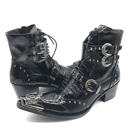 Punk Style Leather Cowboy Shoes/High Ankle Boots wt Metal Pointed Toe Buckle Men - The GoatFind