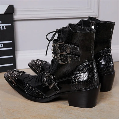Punk Style Leather Cowboy Shoes/High Ankle Boots wt Metal Pointed Toe Buckle Men - The GoatFind