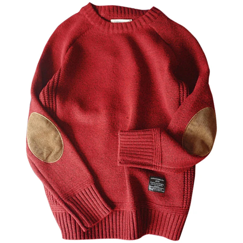 Mens Solid Knit O Neck Sweater with Elbow Patch - The GoatFind