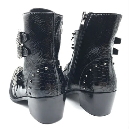 Punk Style Leather Cowboy Shoes/High Ankle Boots wt Metal Pointed Toe Buckle Men - The GoatFind