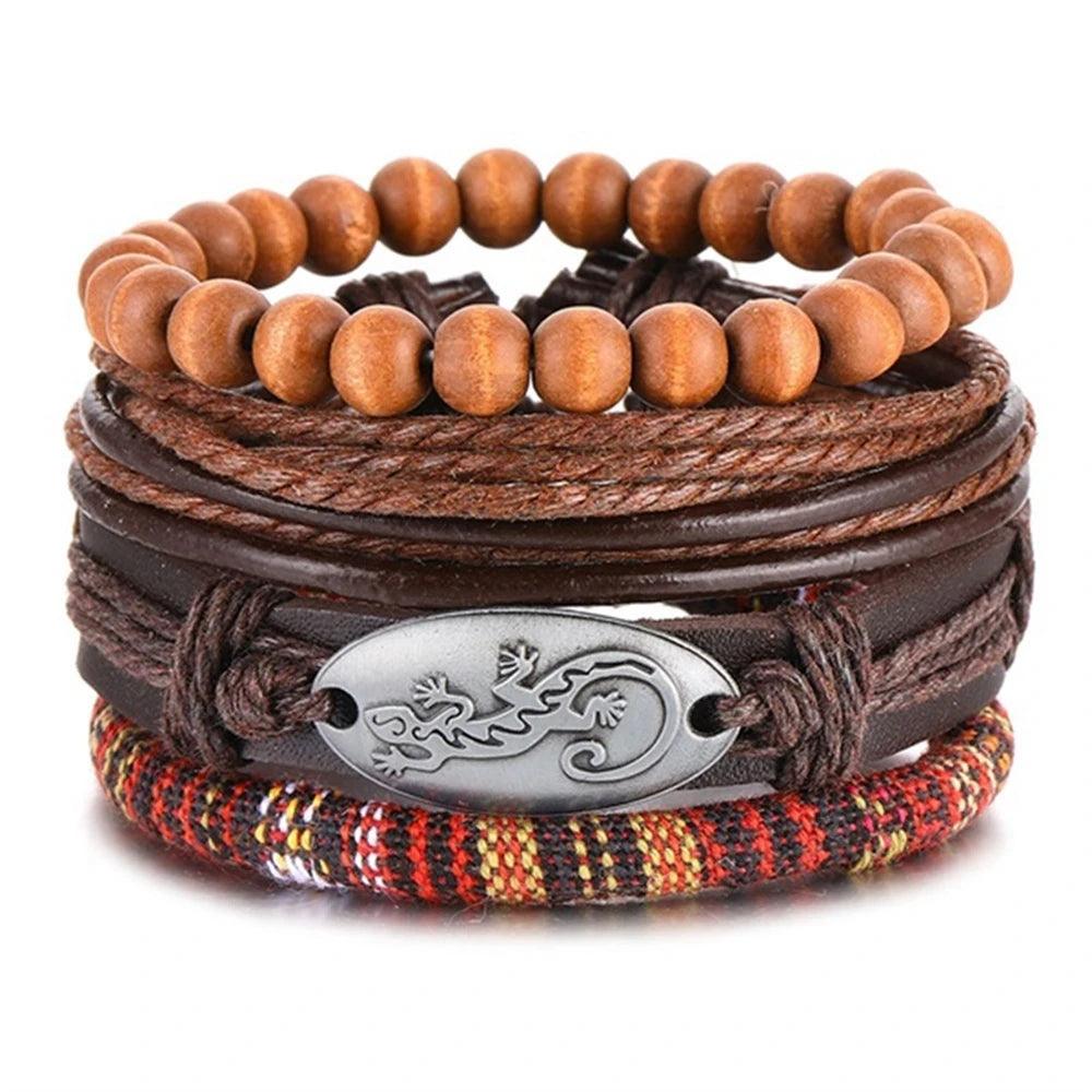 3/4Pcs Braided Wrap Leather Bracelets Sets/Rudder Charm Wood Beads Wristbands - The GoatFind