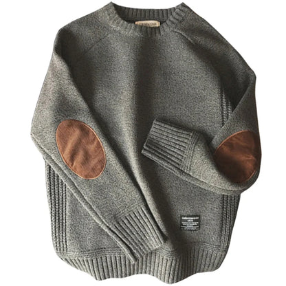 Mens Solid Knit O Neck Sweater with Elbow Patch - The GoatFind