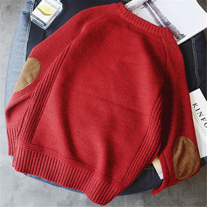 Mens Solid Knit O Neck Sweater with Elbow Patch - The GoatFind