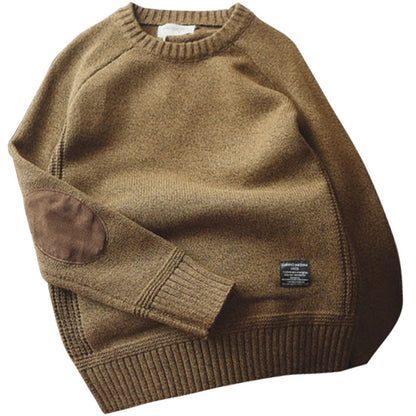 Mens Solid Knit O Neck Sweater with Elbow Patch - The GoatFind
