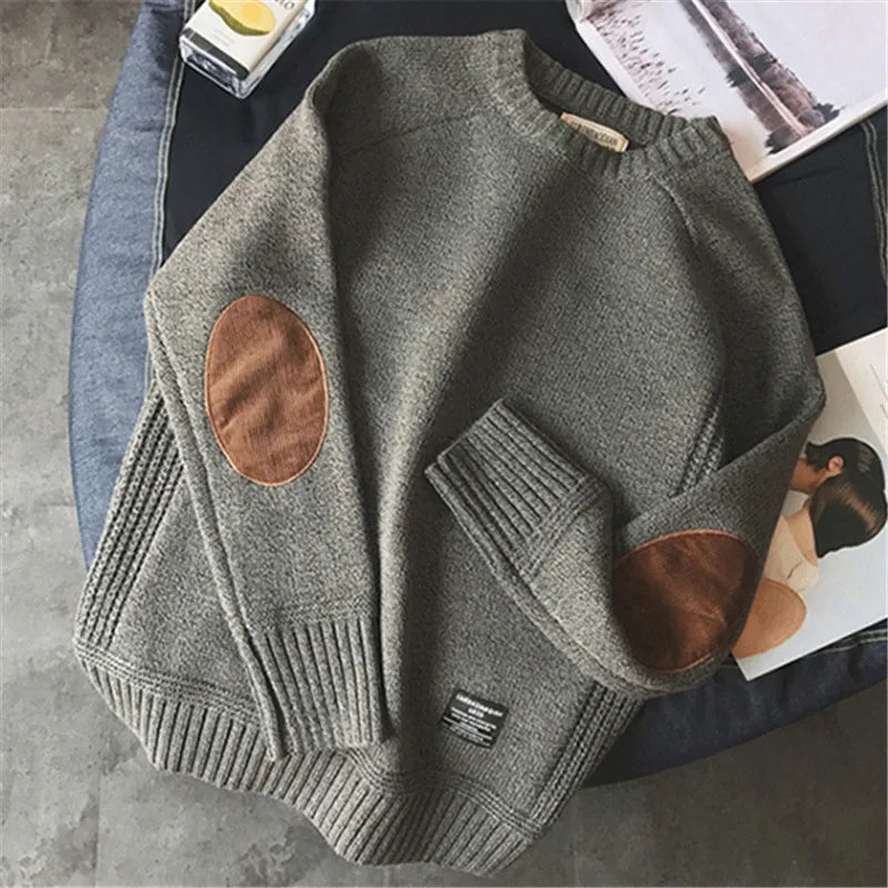 Mens Solid Knit O Neck Sweater with Elbow Patch - The GoatFind