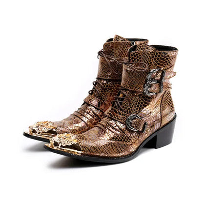 Punk Style Leather Cowboy Shoes/High Ankle Boots wt Metal Pointed Toe Buckle Men - The GoatFind
