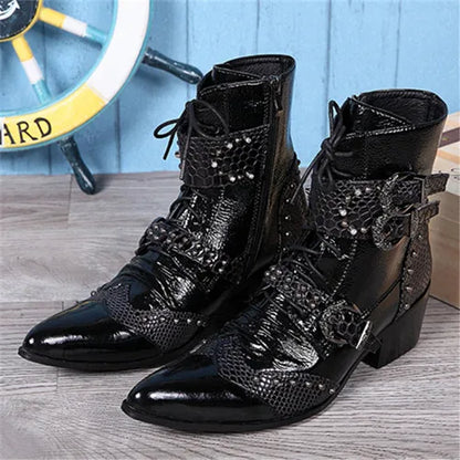 Punk Style Leather Cowboy Shoes/High Ankle Boots wt Metal Pointed Toe Buckle Men - The GoatFind