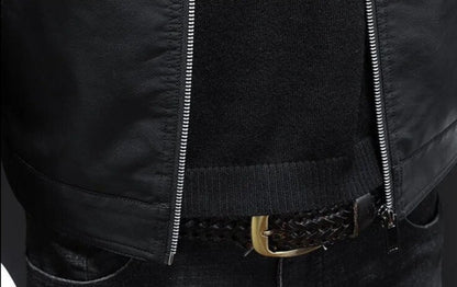 Mens Black Slim PU Leather Jacket- Stand Collar with Chain up - The GoatFind
