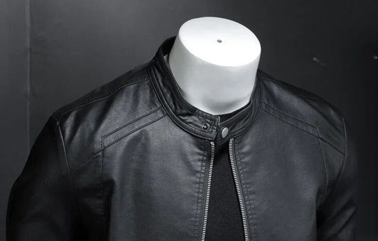 Mens Black Slim PU Leather Jacket- Stand Collar with Chain up - The GoatFind Black / M, Black / L, Black / XL, Black / XXL, Black / XXXL, Black / 4XL, Black / 5XL