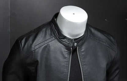 Mens Black Slim PU Leather Jacket- Stand Collar with Chain up - The GoatFind