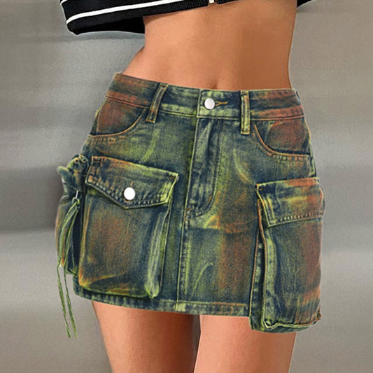Women's Asymmetrical Low Waist Denim Short Mini Skirts with Pockets
