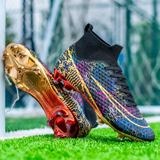 CR7 Ronaldo Style High Top Golden Soccer Cleats/Gold Plated Soles - The GoatFind Rainbow Gold / 3.5, Rainbow Gold / 4, Rainbow Gold / 5, Rainbow Gold / 5.5, Rainbow Gold / 6, Rainbow Gold / 6.5, Rainbow Gold / 7, Rainbow Gold / 8, Rainbow Gold / 9, Rainbow Gold / 9.5