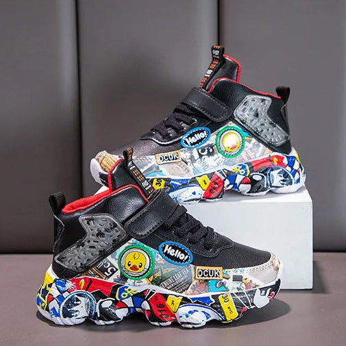 DCUK Boys & Girls High-Top Grafitti Kids Sneakers | Basketball Shoe