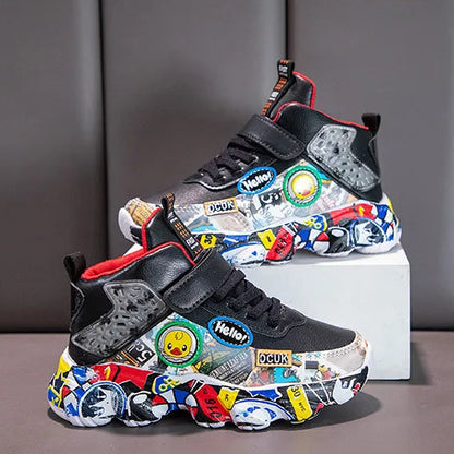 DCUK Boys & Girls High-Top Grafitti Kids Sneakers | Basketball Shoe