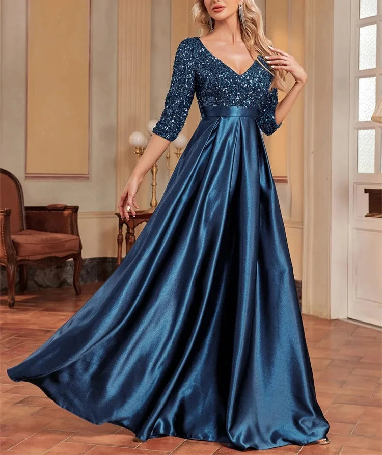 Women's Half Sleeve Sequin Formal Prom Dress Evening Gown with Pocket Dark Green / L Women's Half Sleeve Sequin Formal Prom Dress Evening Gown with Pocket Dark Green / L