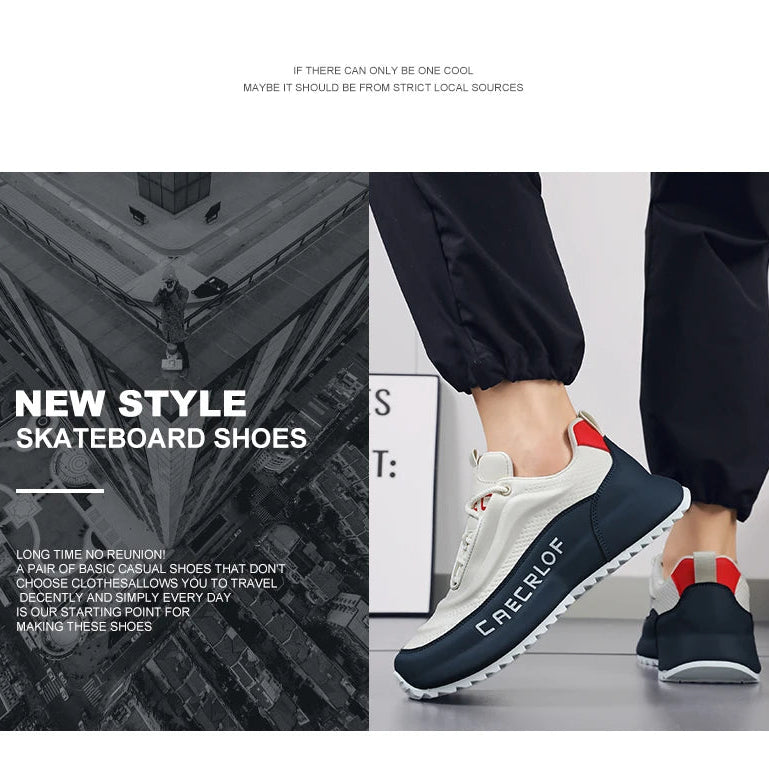 New style skateboard shoes with a person wearing them on a gray floor.