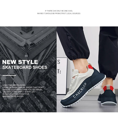 New style skateboard shoes with a person wearing them on a gray floor.