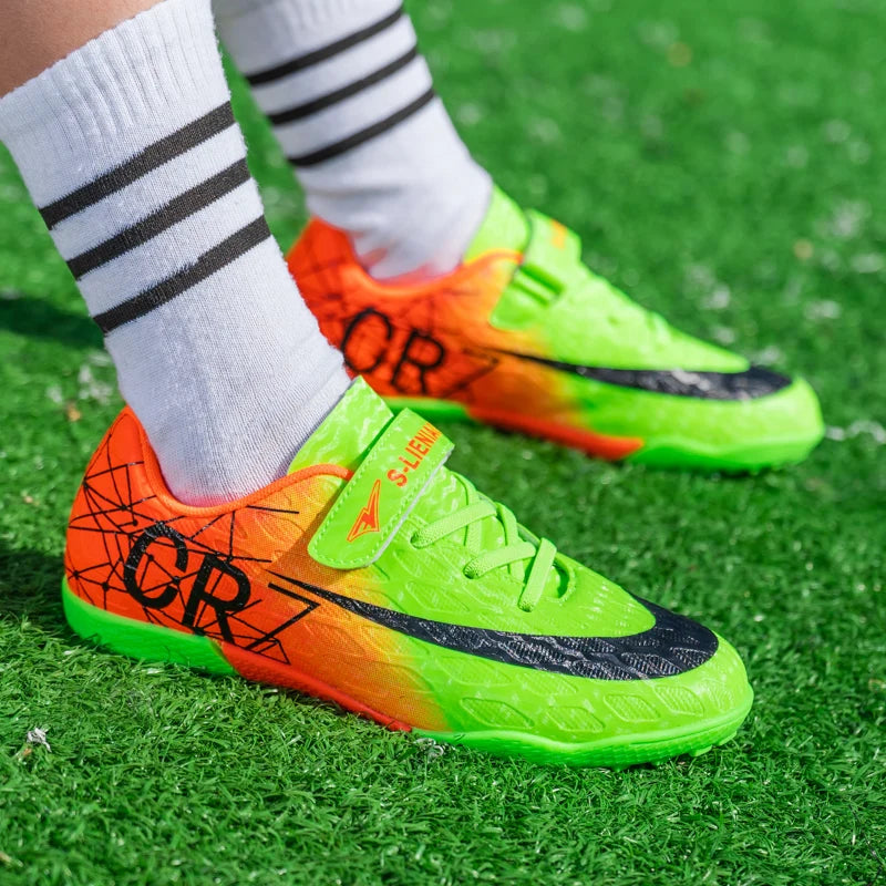 New Ronaldo Kids Soccer Cleats/Shoes/Boots Boy Girl Futbol CR7 Youth, Black Blue 3Y