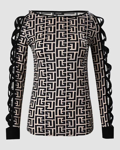Chic Designer Geometric Print Cold Shoulder Gladiater Sleeve Top Womens - The GoatFind