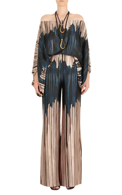 Satin 2-piece Coord Set -Off Shoulder Lantern Sleeve Top & Wide Leg Pants - The GoatFind