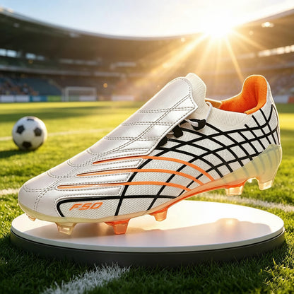 White soccer cleat with orange accents on a grass field with a soccer ball in the background.