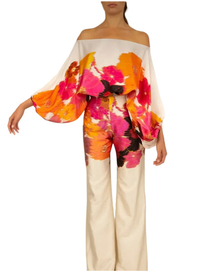 Satin 2-piece Coord Set -Off Shoulder Lantern Sleeve Top & Wide Leg Pants - The GoatFind