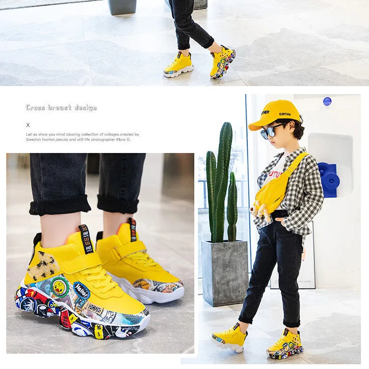 DCUK Boys & Girls High-Top Grafitti Kids Sneakers | Basketball Shoe