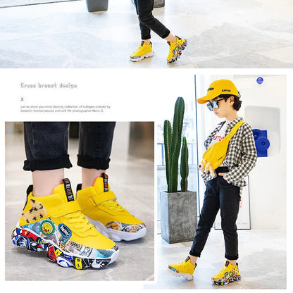 DCUK Boys & Girls High-Top Grafitti Kids Sneakers | Basketball Shoe