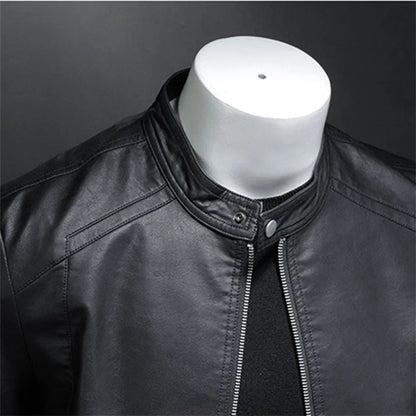 Mens Black Slim PU Leather Jacket- Stand Collar with Chain up - The GoatFind