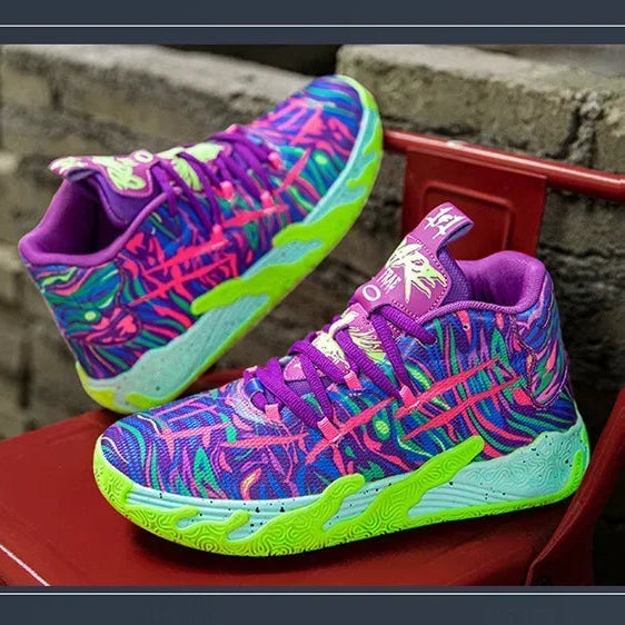 Colorful sneakers with a vibrant pattern on a red surface.