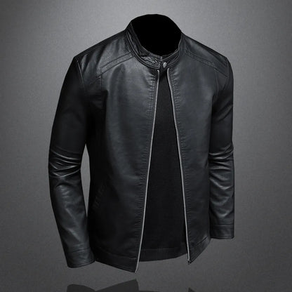 Mens Black Slim PU Leather Jacket- Stand Collar with Chain up - The GoatFind