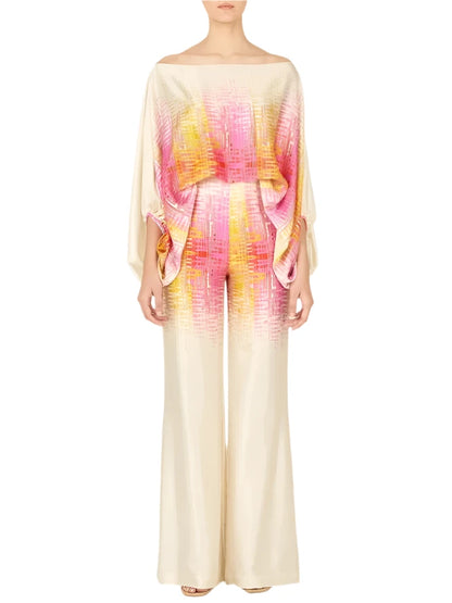 Satin 2-piece Coord Set -Off Shoulder Lantern Sleeve Top & Wide Leg Pants - The GoatFind