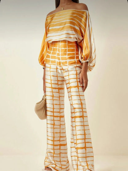 Satin 2-piece Coord Set -Off Shoulder Lantern Sleeve Top & Wide Leg Pants - The GoatFind