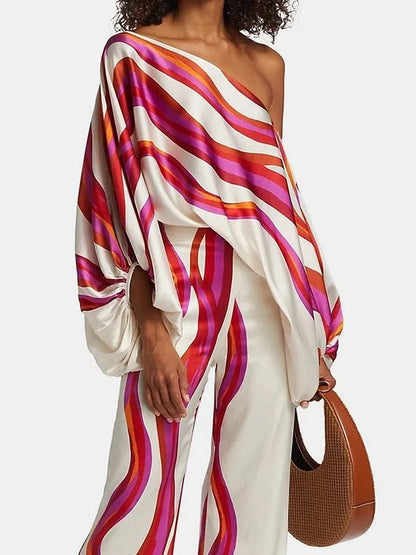 Satin 2-piece Coord Set -Off Shoulder Lantern Sleeve Top & Wide Leg Pants - The GoatFind