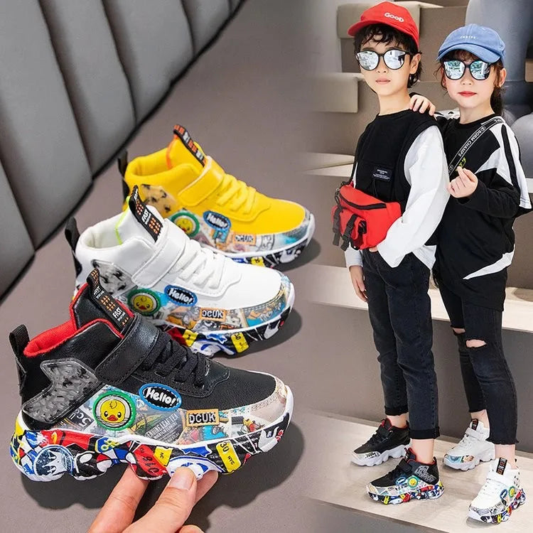 DCUK Boys & Girls High-Top Grafitti Kids Sneakers | Basketball Shoe