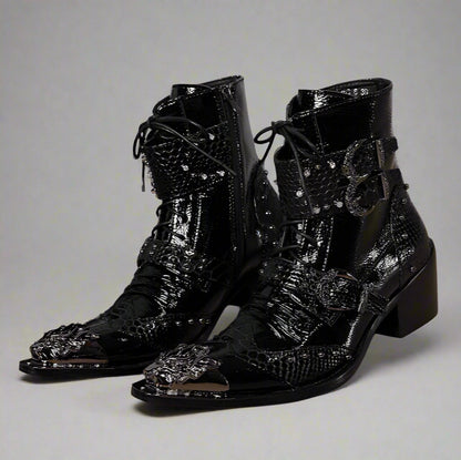 Punk Style Leather Cowboy Shoes/High Ankle Boots wt Metal Pointed Toe Buckle Men - The GoatFind