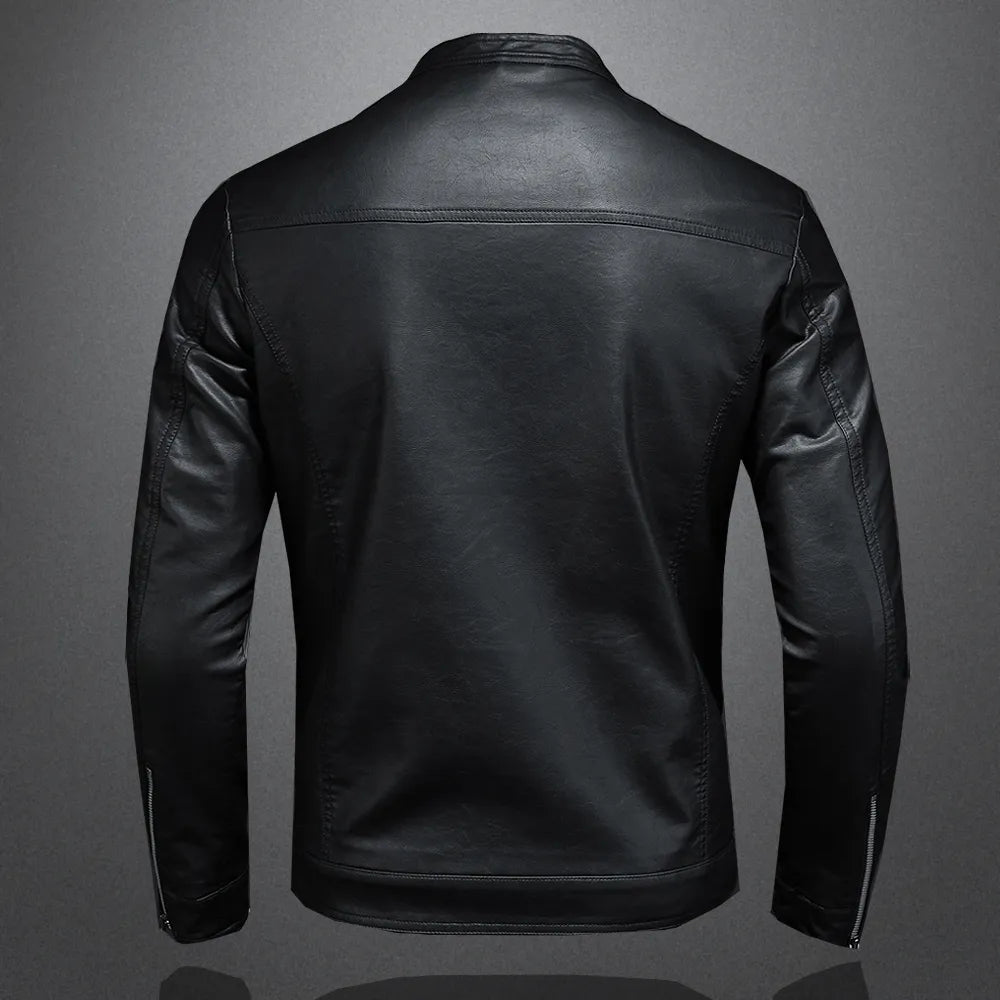 Mens Black Slim PU Leather Jacket- Stand Collar with Chain up - The GoatFind Black / M, Black / L, Black / XL, Black / XXL, Black / XXXL, Black / 4XL, Black / 5XL
