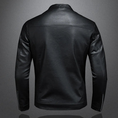 Mens Black Slim PU Leather Jacket- Stand Collar with Chain up - The GoatFind